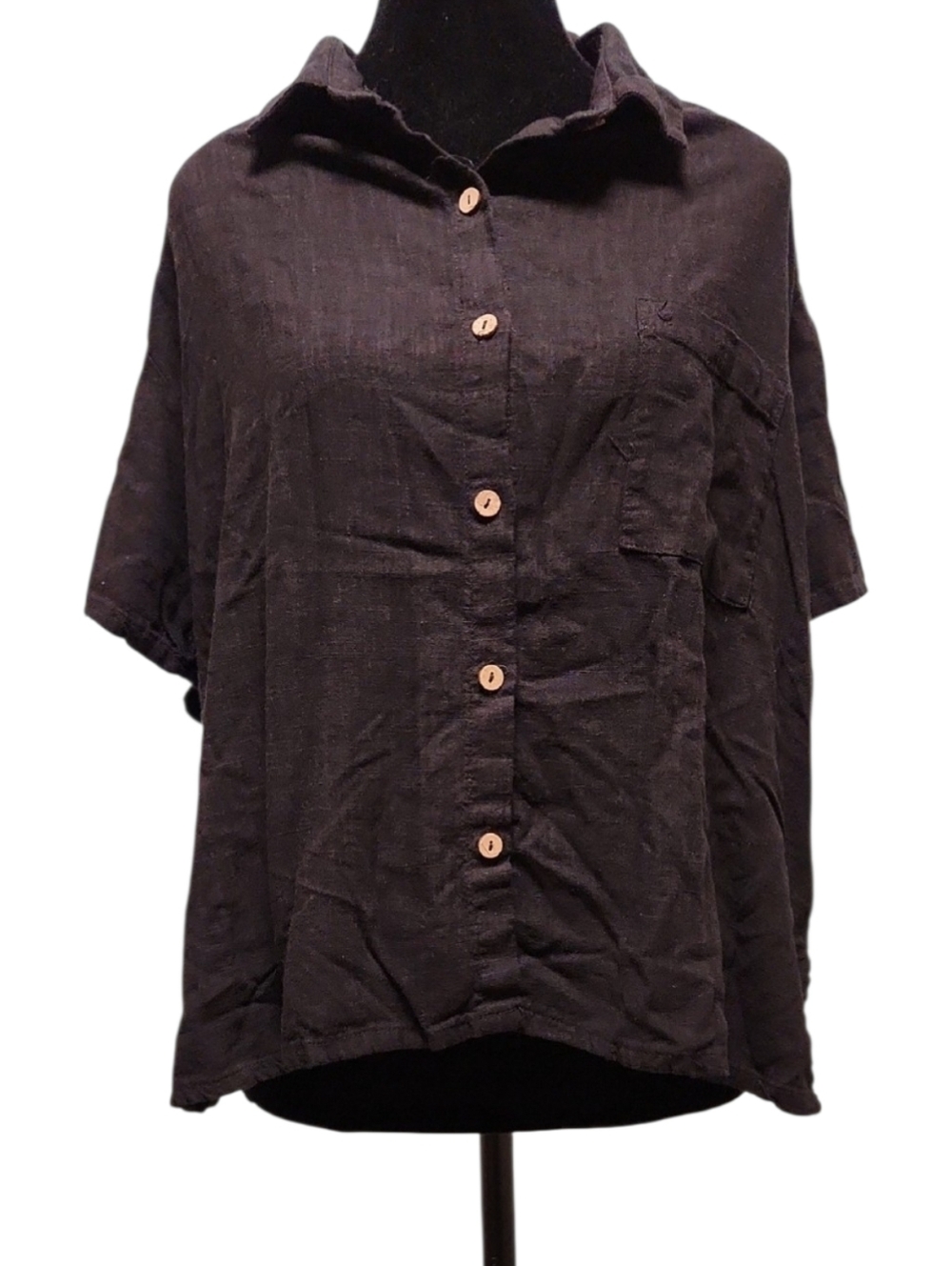 Ambiance - Black Short-Sleeve Button Front Linen Top